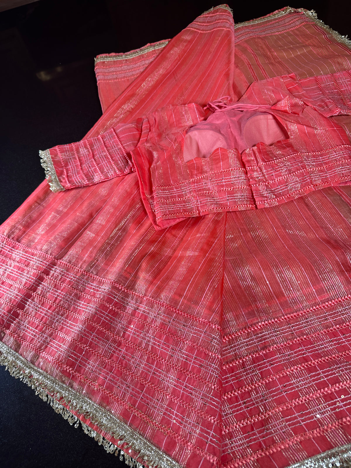 Women Soft Tissue Silk Saree with Weaving Sequin Ribbon Work &amp; Fancy Lace Peach Color | Party Wear Saree | Shipping from USA Peach