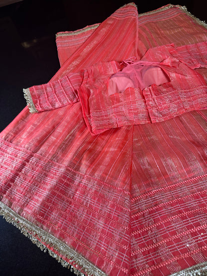 Women Soft Tissue Silk Saree with Weaving Sequin Ribbon Work &amp; Fancy Lace Peach Color | Party Wear Saree | Shipping from USA Peach