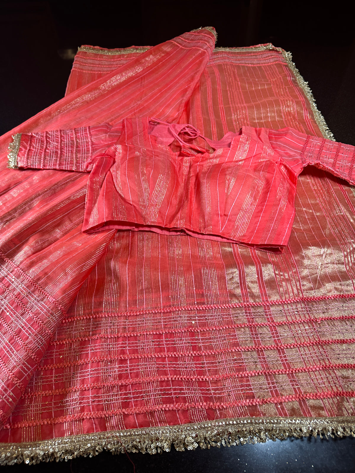 Women Soft Tissue Silk Saree with Weaving Sequin Ribbon Work &amp; Fancy Lace Peach Color | Party Wear Saree | Shipping from USA Peach