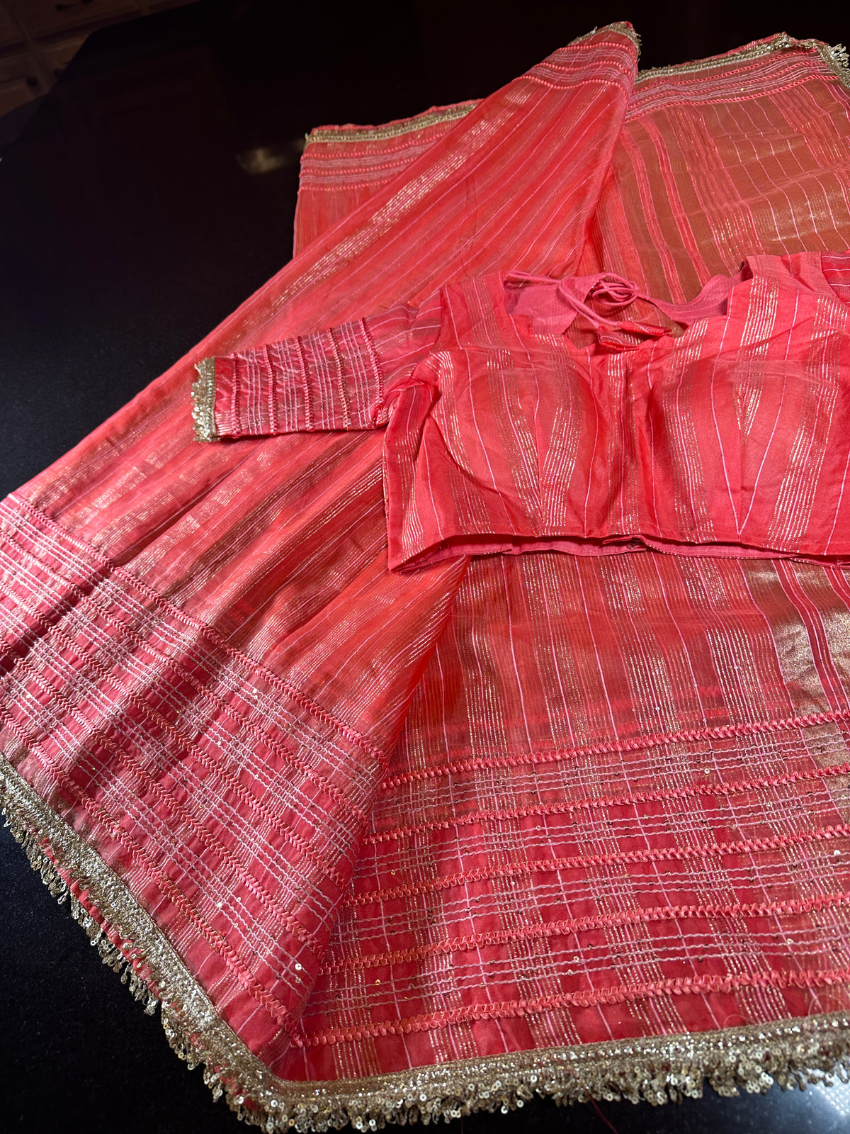 Women Soft Tissue Silk Saree with Weaving Sequin Ribbon Work &amp; Fancy Lace Peach Color | Party Wear Saree | Shipping from USA Peach