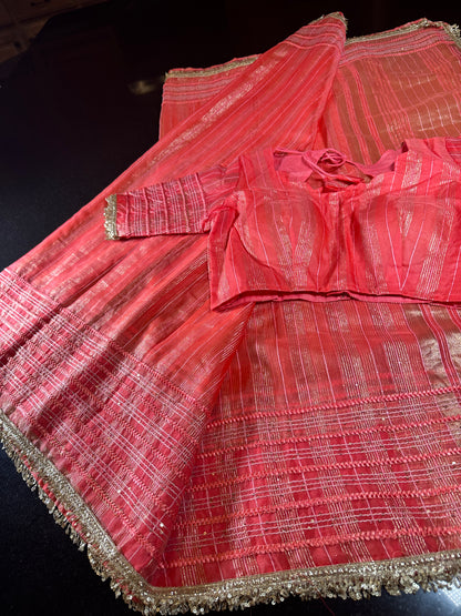 Women Soft Tissue Silk Saree with Weaving Sequin Ribbon Work &amp; Fancy Lace Peach Color | Party Wear Saree | Shipping from USA Peach