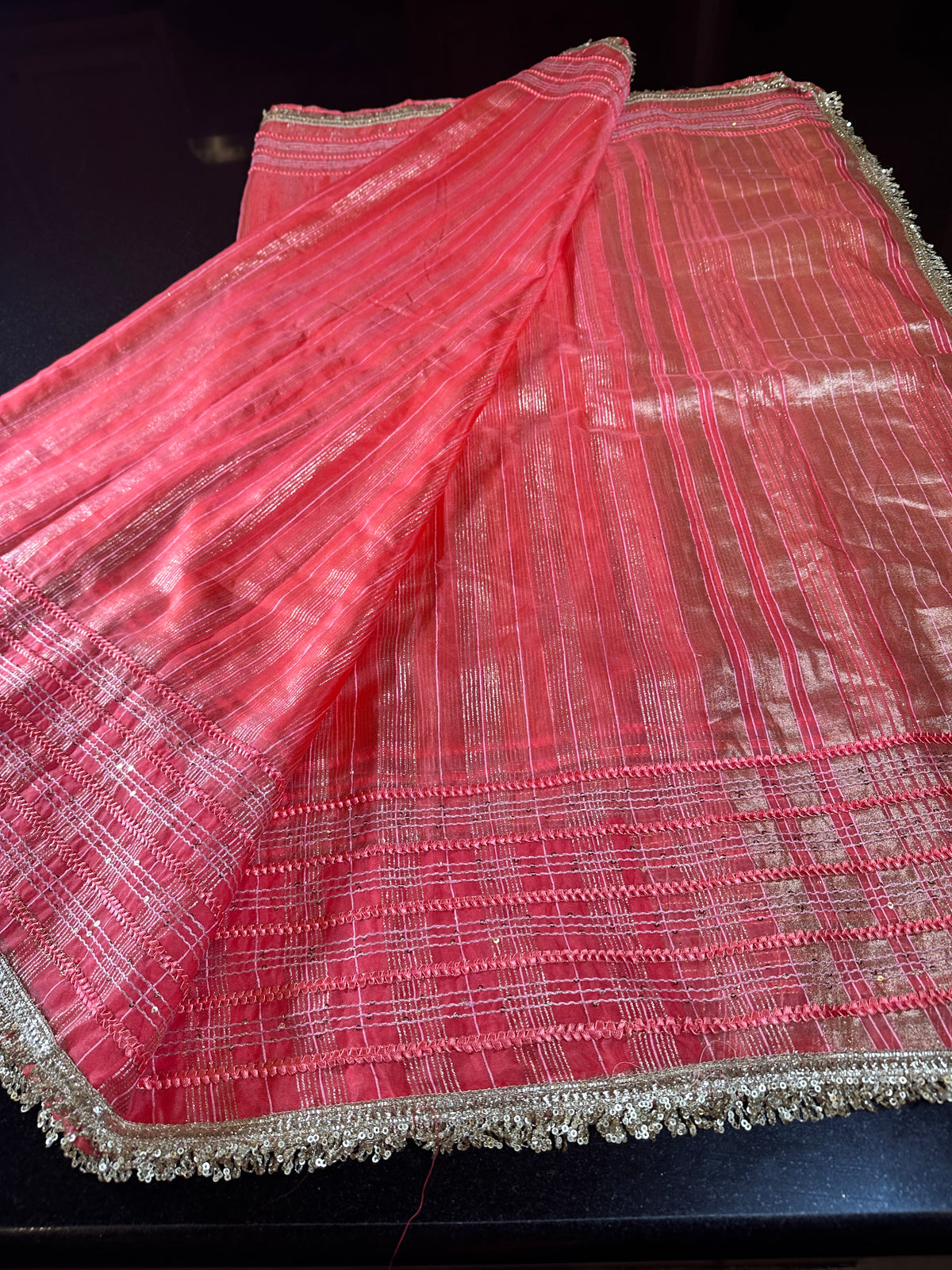 Women Soft Tissue Silk Saree with Weaving Sequin Ribbon Work &amp; Fancy Lace Peach Color | Party Wear Saree | Shipping from USA Peach