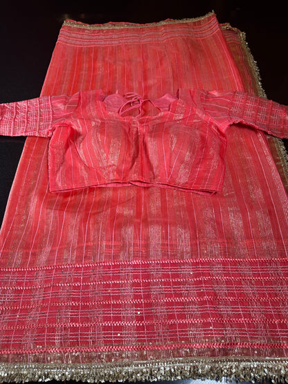Women Soft Tissue Silk Saree with Weaving Sequin Ribbon Work &amp; Fancy Lace Peach Color | Party Wear Saree | Shipping from USA Peach