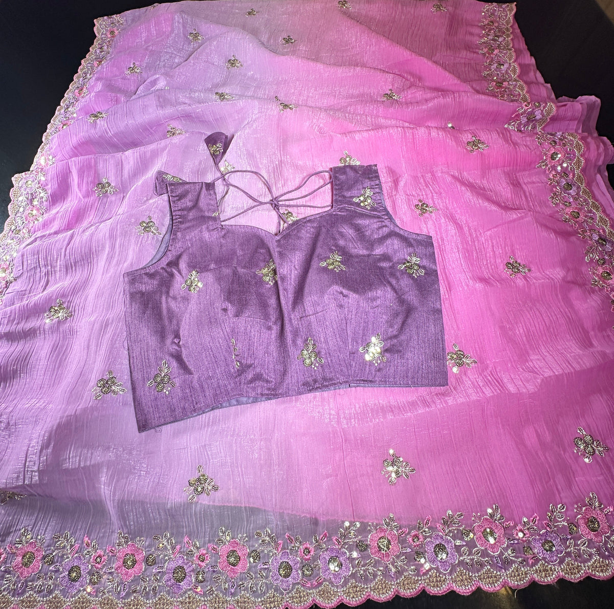 Fancy Soft Crunchy Silk Saree in Purple and Pink with Sequin Embroidery Work and Sleeveless Stitched Blouse, Party Wear Saree, Shipping from USA