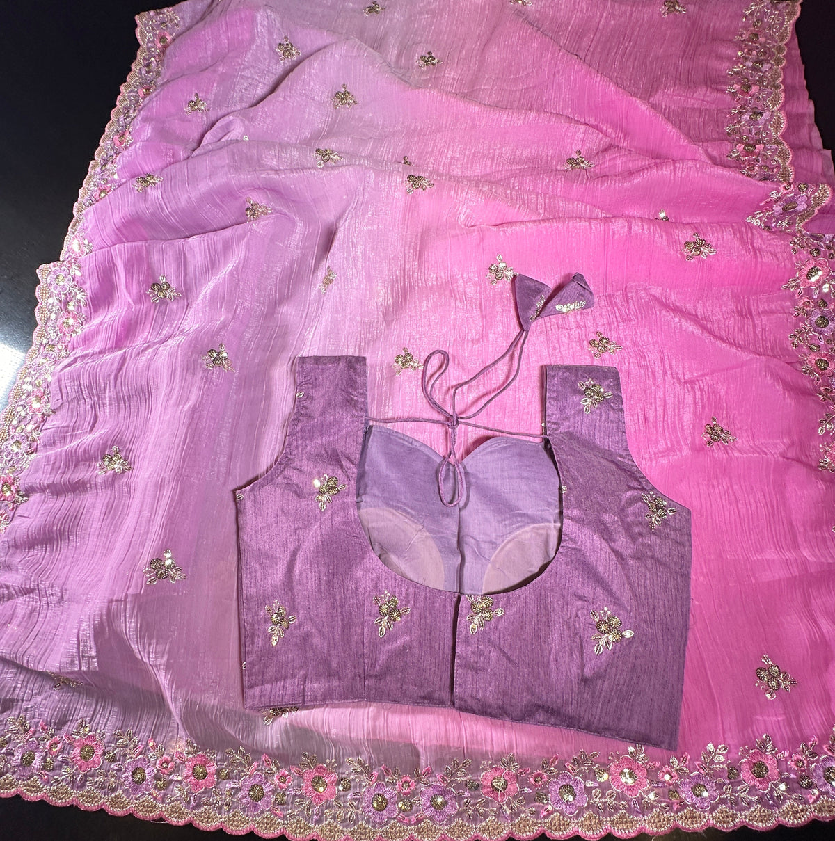 Fancy Soft Crunchy Silk Saree in Purple and Pink with Sequin Embroidery Work and Sleeveless Stitched Blouse, Party Wear Saree, Shipping from USA