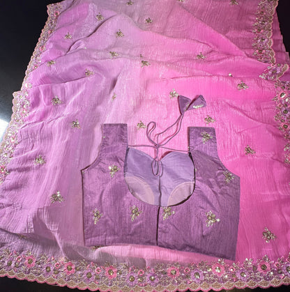 Fancy Soft Crunchy Silk Saree in Purple and Pink with Sequin Embroidery Work and Sleeveless Stitched Blouse, Party Wear Saree, Shipping from USA