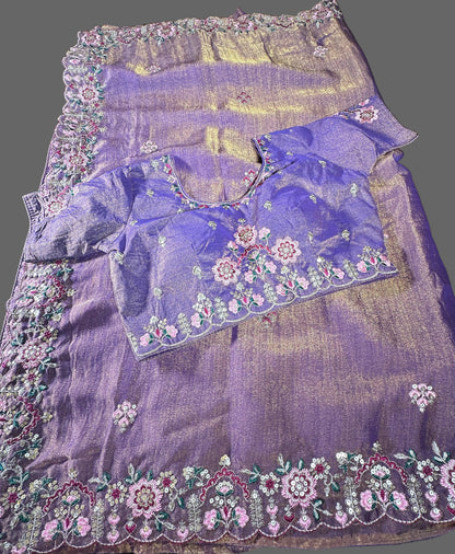 Ready-to-Wear Soft Khadi Moss Satin Silk Saree with Embroidery Sequin Work and Stitched Blouse, Fits Size 38–44, Shipping from USA