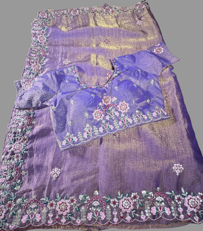 Ready-to-Wear Soft Khadi Moss Satin Silk Saree with Embroidery Sequin Work and Stitched Blouse, Fits Size 38–44, Shipping from USA