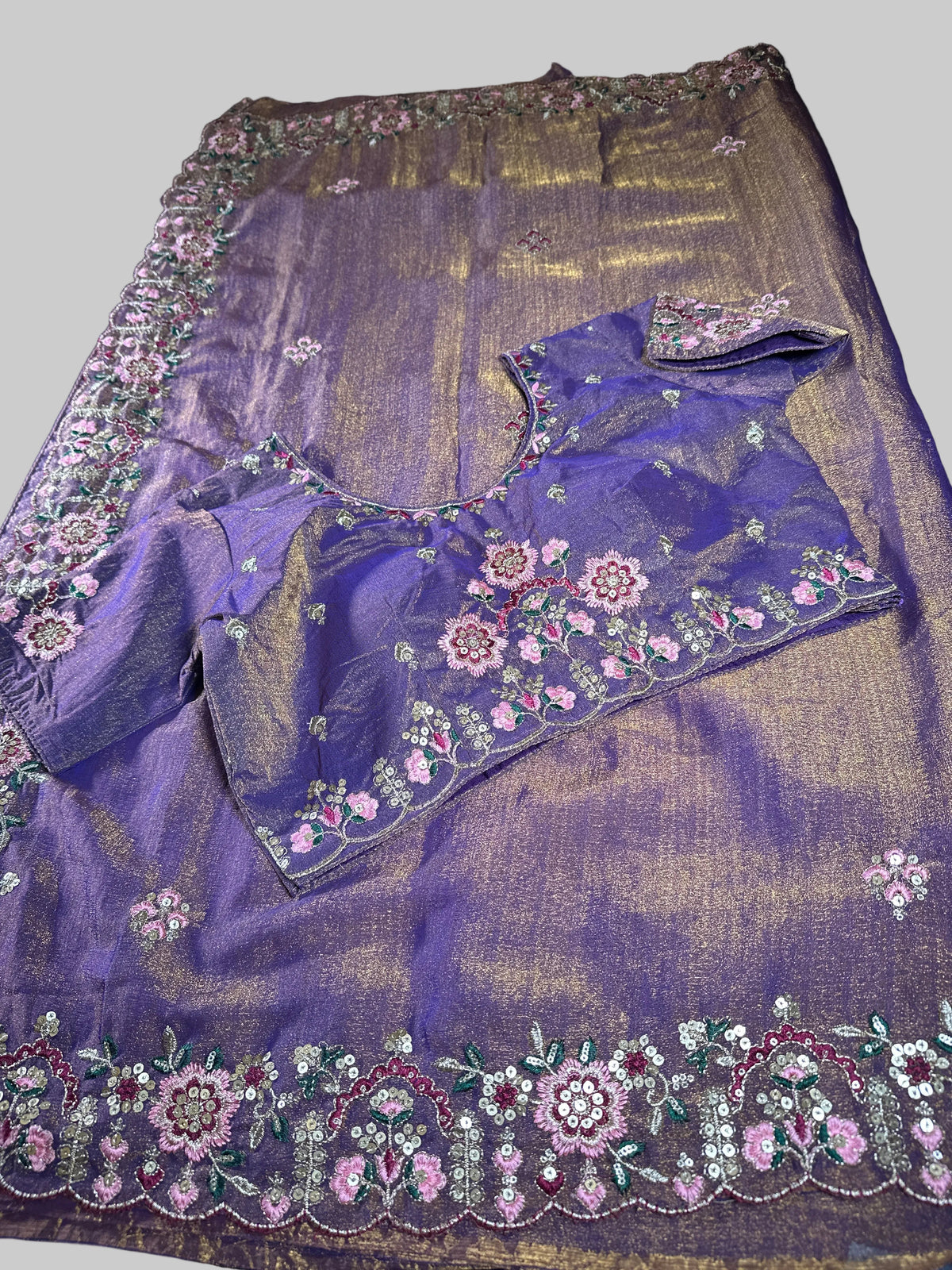 Ready-to-Wear Soft Khadi Moss Satin Silk Saree with Embroidery Sequin Work and Stitched Blouse, Fits Size 38–44, Shipping from USA