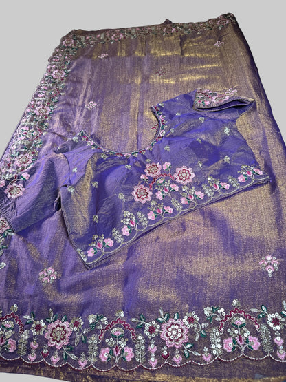 Ready-to-Wear Soft Khadi Moss Satin Silk Saree with Embroidery Sequin Work and Stitched Blouse, Fits Size 38–44, Shipping from USA