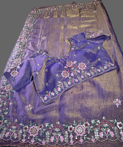 Ready-to-Wear Soft Khadi Moss Satin Silk Saree with Embroidery Sequin Work and Stitched Blouse, Fits Size 38–44, Shipping from USA