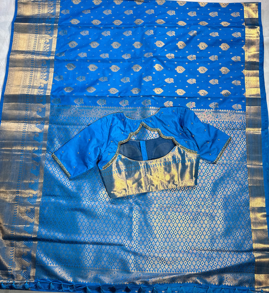 Premium Blue Kanjivaram Semi Silk Saree with Hand Maggam Work Blouse | Indian Wedding & Festive Wear