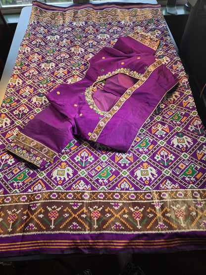 Patan Patola Silk Weaving Saree Purple  | Authentic Handloom Indian Wedding Festive Wear with Stitched Blouse | Party Wear | Stitched Blouse Purple
