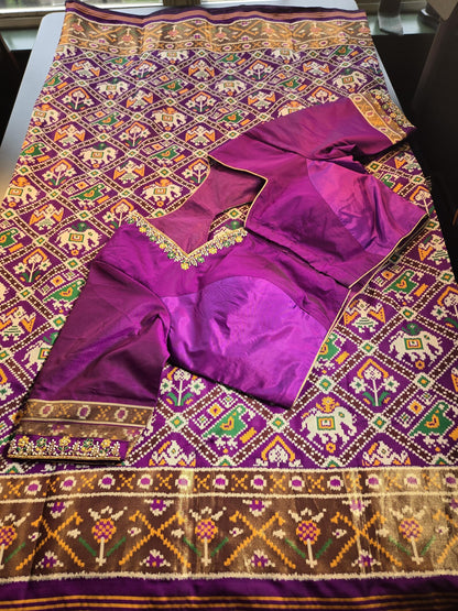 Patan Patola Silk Weaving Saree Purple  | Authentic Handloom Indian Wedding Festive Wear with Stitched Blouse | Party Wear | Stitched Blouse Purple