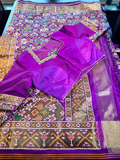 Patan Patola Silk Weaving Saree Purple  | Authentic Handloom Indian Wedding Festive Wear with Stitched Blouse | Party Wear | Stitched Blouse Purple
