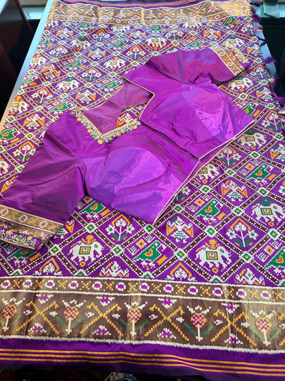 Patan Patola Silk Weaving Saree Purple  | Authentic Handloom Indian Wedding Festive Wear with Stitched Blouse | Party Wear | Stitched Blouse Purple