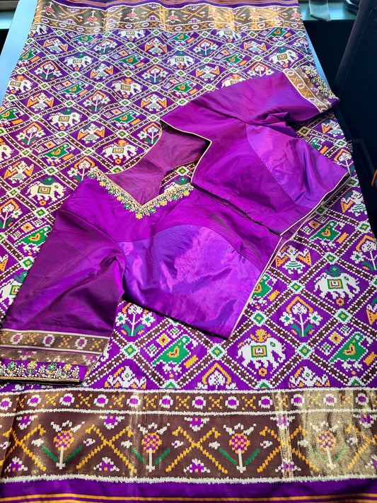 Patan Patola Silk Weaving Saree Purple  | Authentic Handloom Indian Wedding Festive Wear with Stitched Blouse | Party Wear | Stitched Blouse Purple