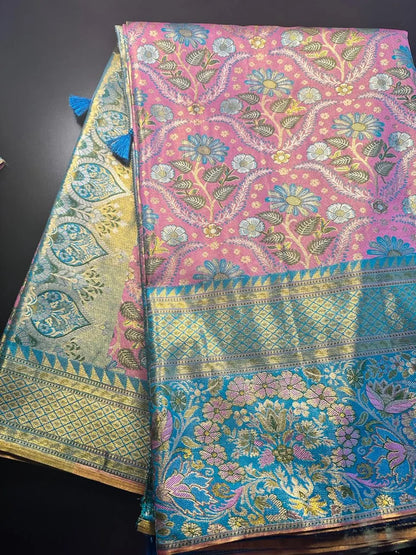Traditional Kanchi Pattu Tissue Meenakari Semi Silk Saree | Pink Color, Zari weaving, Heavy Maggam Work Blouse, Shipping from USA Pink