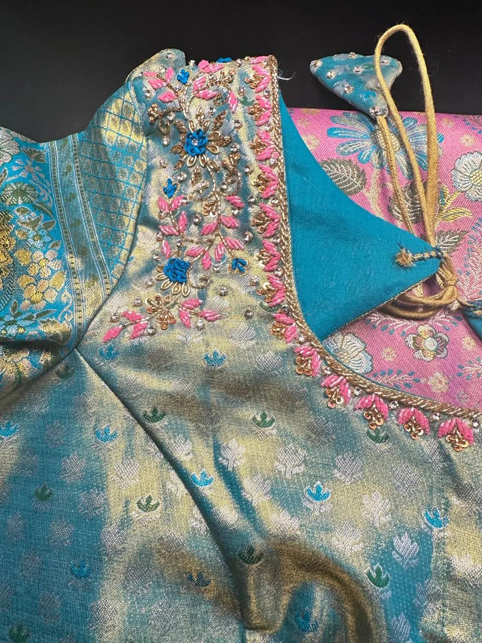 Traditional Kanchi Pattu Tissue Meenakari Semi Silk Saree | Pink Color, Zari weaving, Heavy Maggam Work Blouse, Shipping from USA Pink