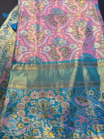Traditional Kanchi Pattu Tissue Meenakari Semi Silk Saree | Pink Color, Zari weaving, Heavy Maggam Work Blouse, Shipping from USA Pink