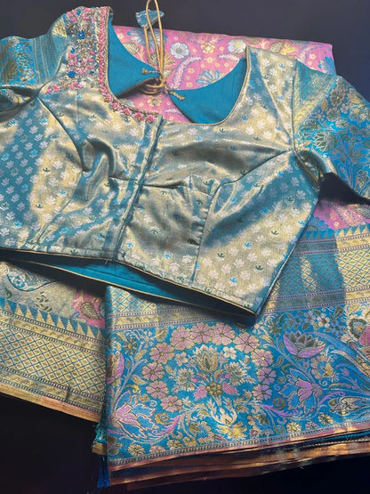 Traditional Kanchi Pattu Tissue Meenakari Semi Silk Saree | Pink Color, Zari weaving, Heavy Maggam Work Blouse, Shipping from USA Pink