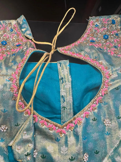 Traditional Kanchi Pattu Tissue Meenakari Semi Silk Saree | Pink Color, Zari weaving, Heavy Maggam Work Blouse, Shipping from USA Pink