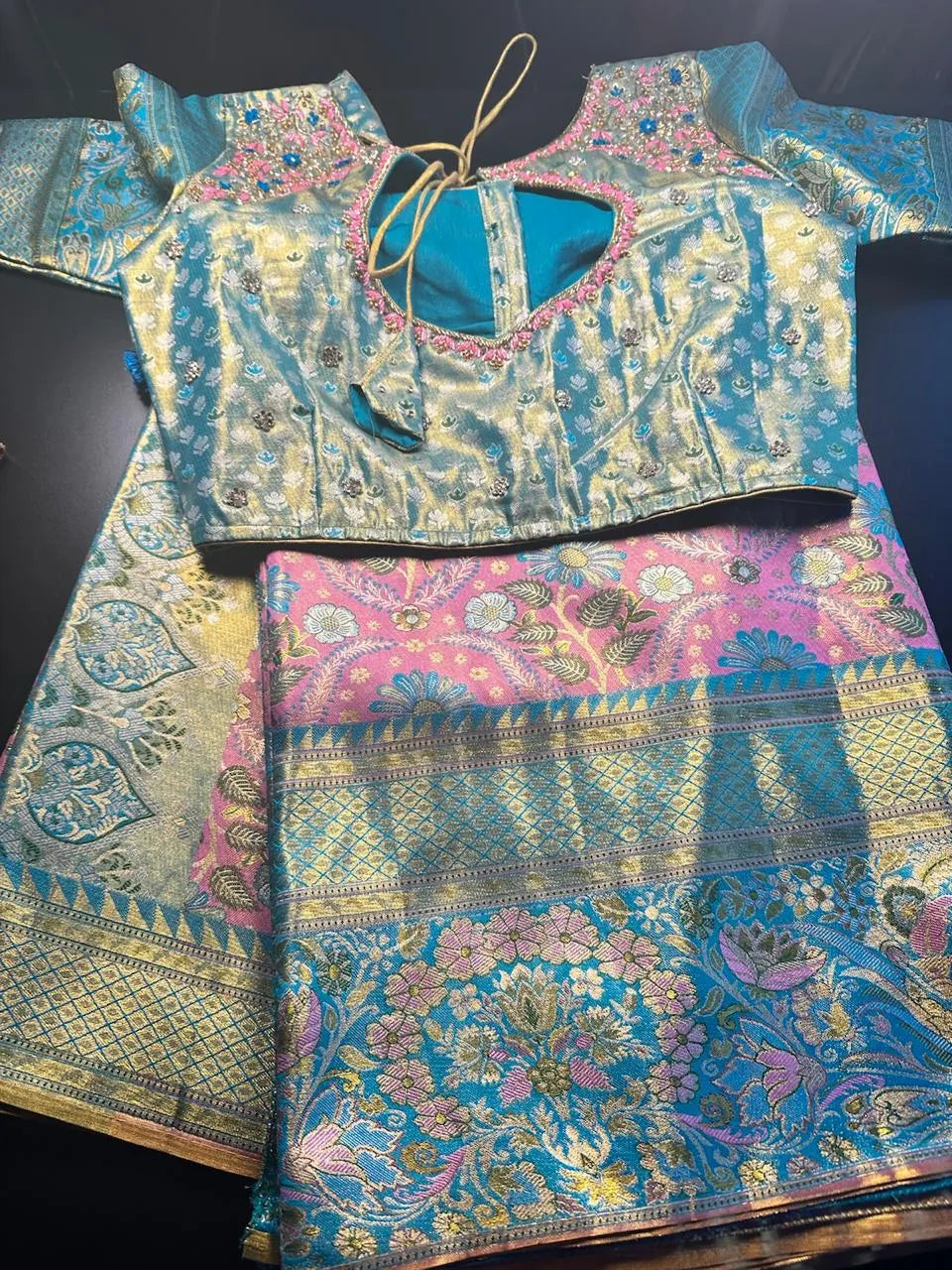 Traditional Kanchi Pattu Tissue Meenakari Semi Silk Saree | Pink Color, Zari weaving, Heavy Maggam Work Blouse, Shipping from USA Pink