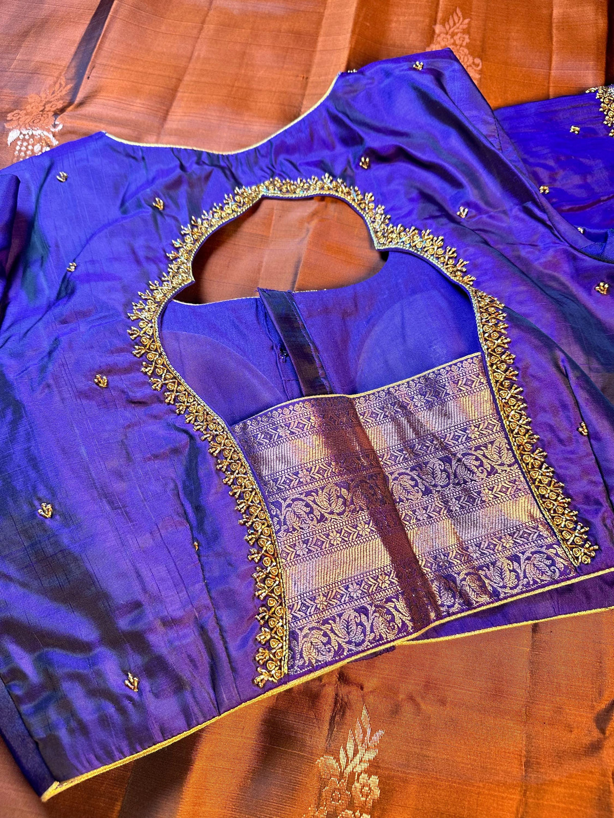 Burnt Orange Purple Handloom Kanjivaram Silk Saree, Handloom  Saree with Stitched Blouse, Ready to Wear Indian Wedding Saree