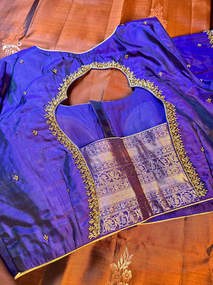 Burnt Orange Purple Handloom Kanjivaram Silk Saree, Handloom  Saree with Stitched Blouse, Ready to Wear Indian Wedding Saree