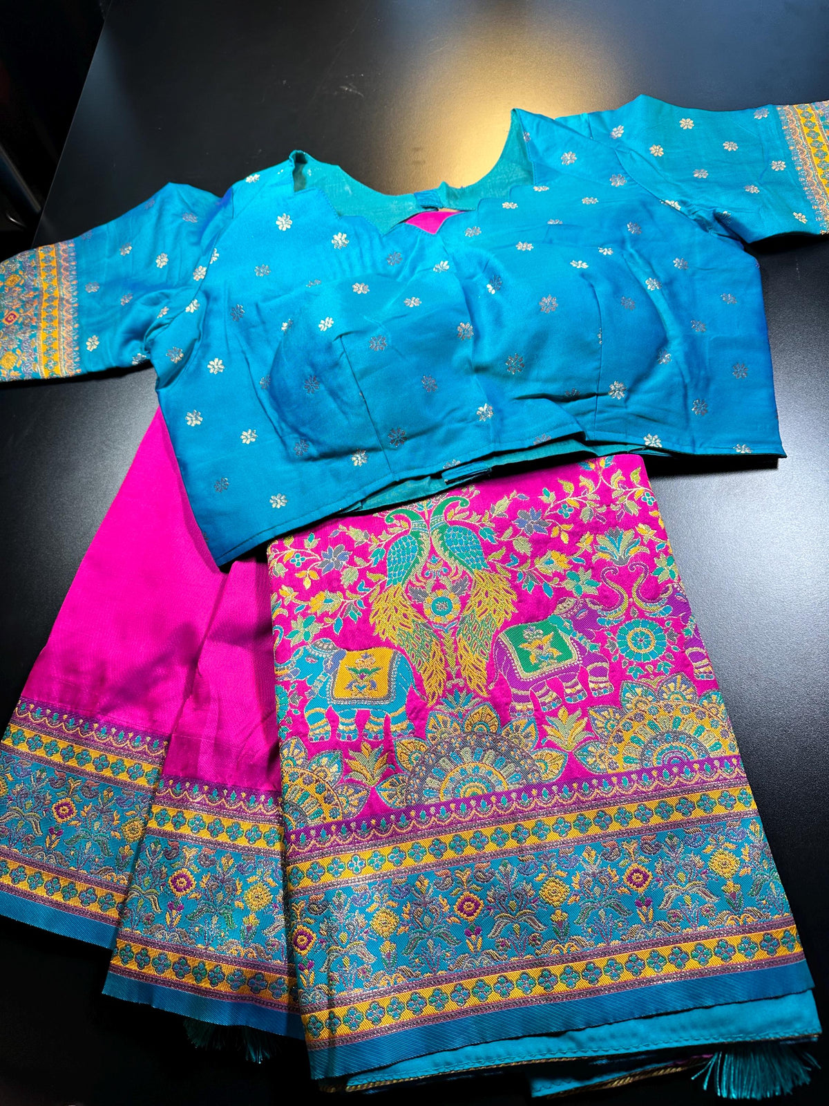 Pashmina Silk Darbari Semi Silk Blend Saree with Meenakari Zari Woven Border, Stitched Blouse, Ready to Wear,Shipping from US