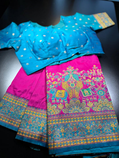 Pashmina Silk Darbari Semi Silk Blend Saree with Meenakari Zari Woven Border, Stitched Blouse, Ready to Wear,Shipping from US