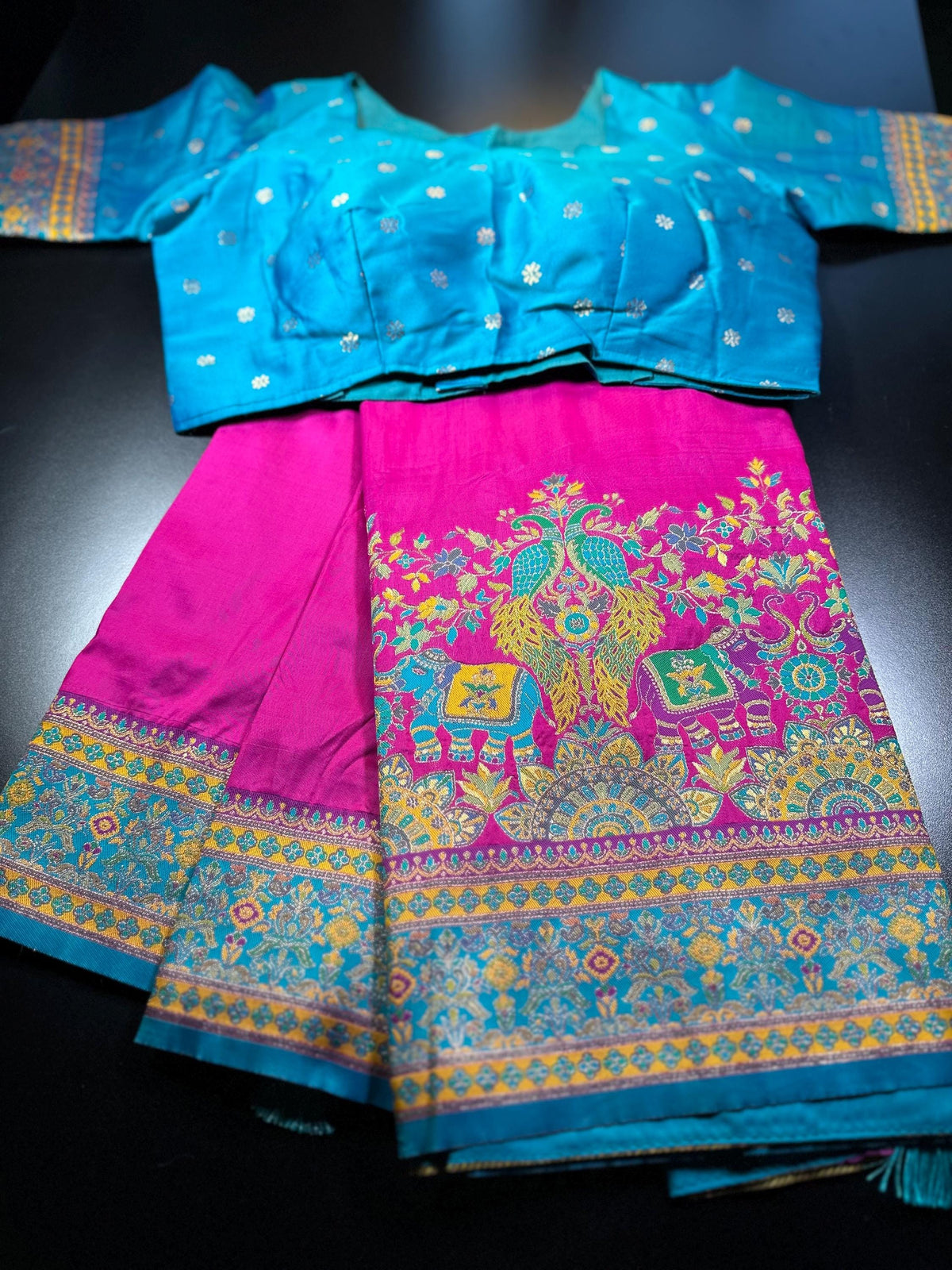 Pashmina Silk Darbari Semi Silk Blend Saree with Meenakari Zari Woven Border, Stitched Blouse, Ready to Wear,Shipping from US