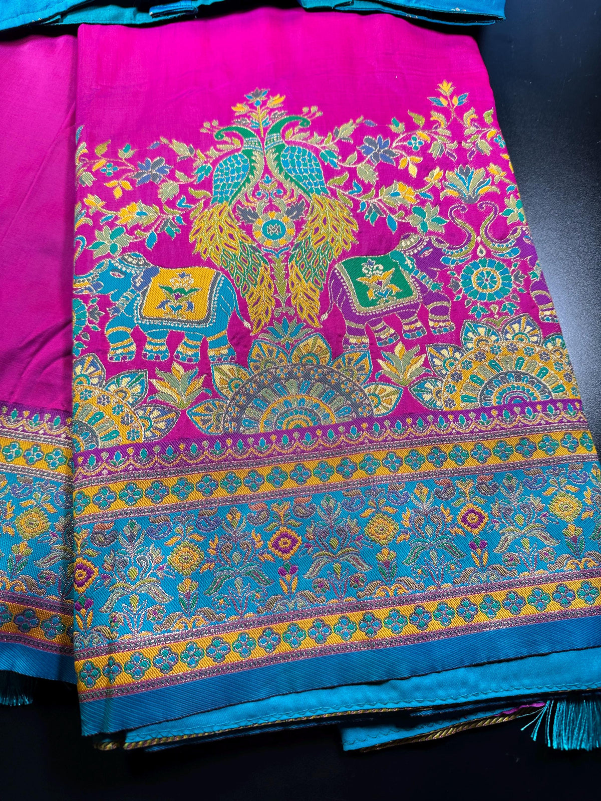 Pashmina Silk Darbari Semi Silk Blend Saree with Meenakari Zari Woven Border, Stitched Blouse, Ready to Wear,Shipping from US