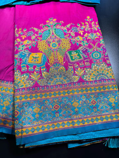 Pashmina Silk Darbari Semi Silk Blend Saree with Meenakari Zari Woven Border, Stitched Blouse, Ready to Wear,Shipping from US