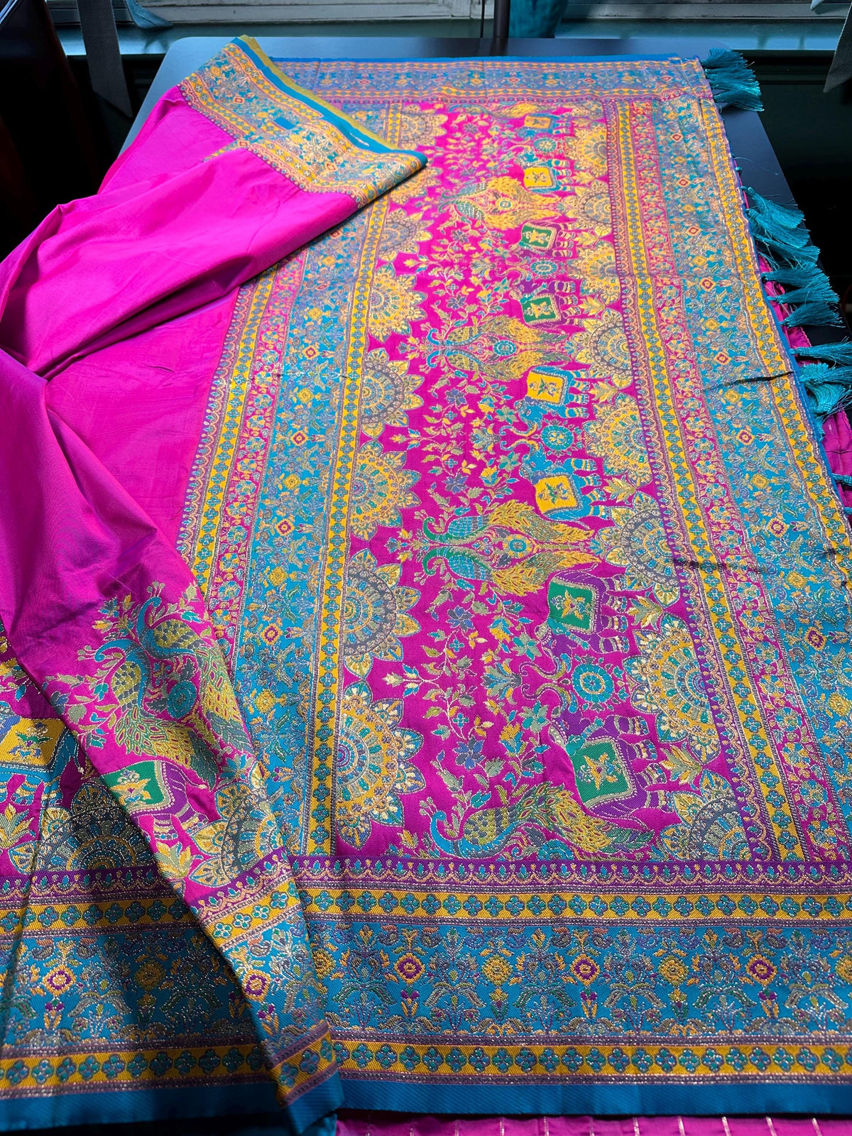 Pashmina Silk Darbari Semi Silk Blend Saree with Meenakari Zari Woven Border, Stitched Blouse, Ready to Wear,Shipping from US