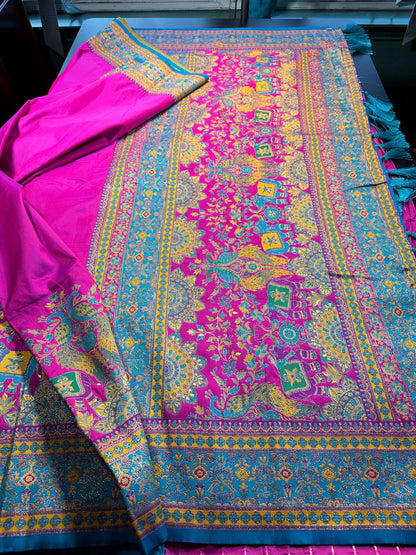 Pashmina Silk Darbari Semi Silk Blend Saree with Meenakari Zari Woven Border, Stitched Blouse, Ready to Wear,Shipping from US