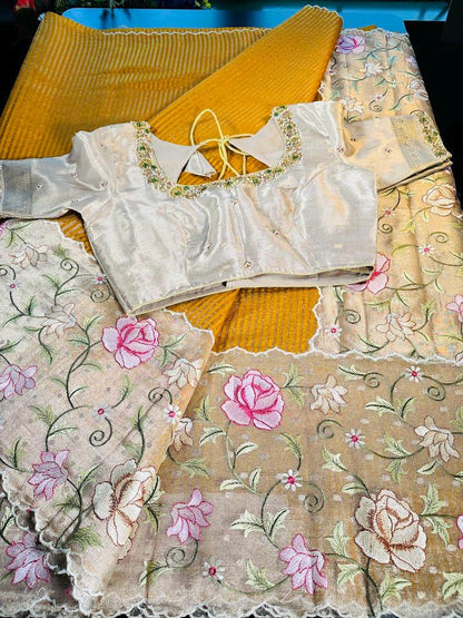 Handloom Pure Kora Tissue Silk Saree with Full Embroidery with Maggam Work Blouse