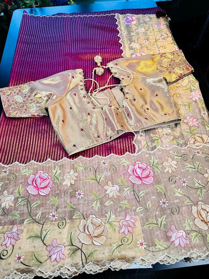 Handloom Pure Kora Tissue Silk Saree | Embroidered Saree with Maggam Work Blouse | Indian Wedding Saree | Party Wear Saree | Ships from USA