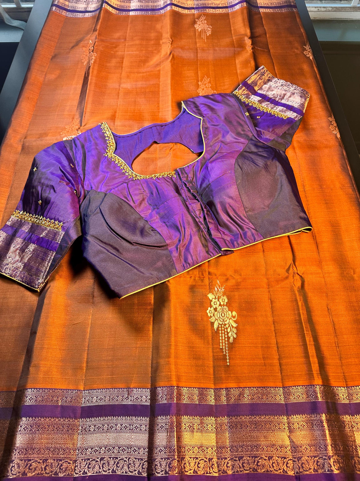 Burnt Orange Purple Handloom Kanjivaram Silk Saree, Handloom  Saree with Stitched Blouse, Ready to Wear Indian Wedding Saree