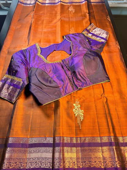 Burnt Orange Purple Handloom Kanjivaram Silk Saree, Handloom  Saree with Stitched Blouse, Ready to Wear Indian Wedding Saree