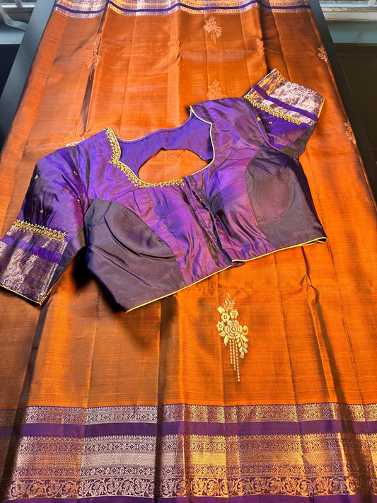 Burnt Orange Purple Handloom Kanjivaram Silk Saree, Handloom  Saree with Stitched Blouse, Ready to Wear Indian Wedding Saree