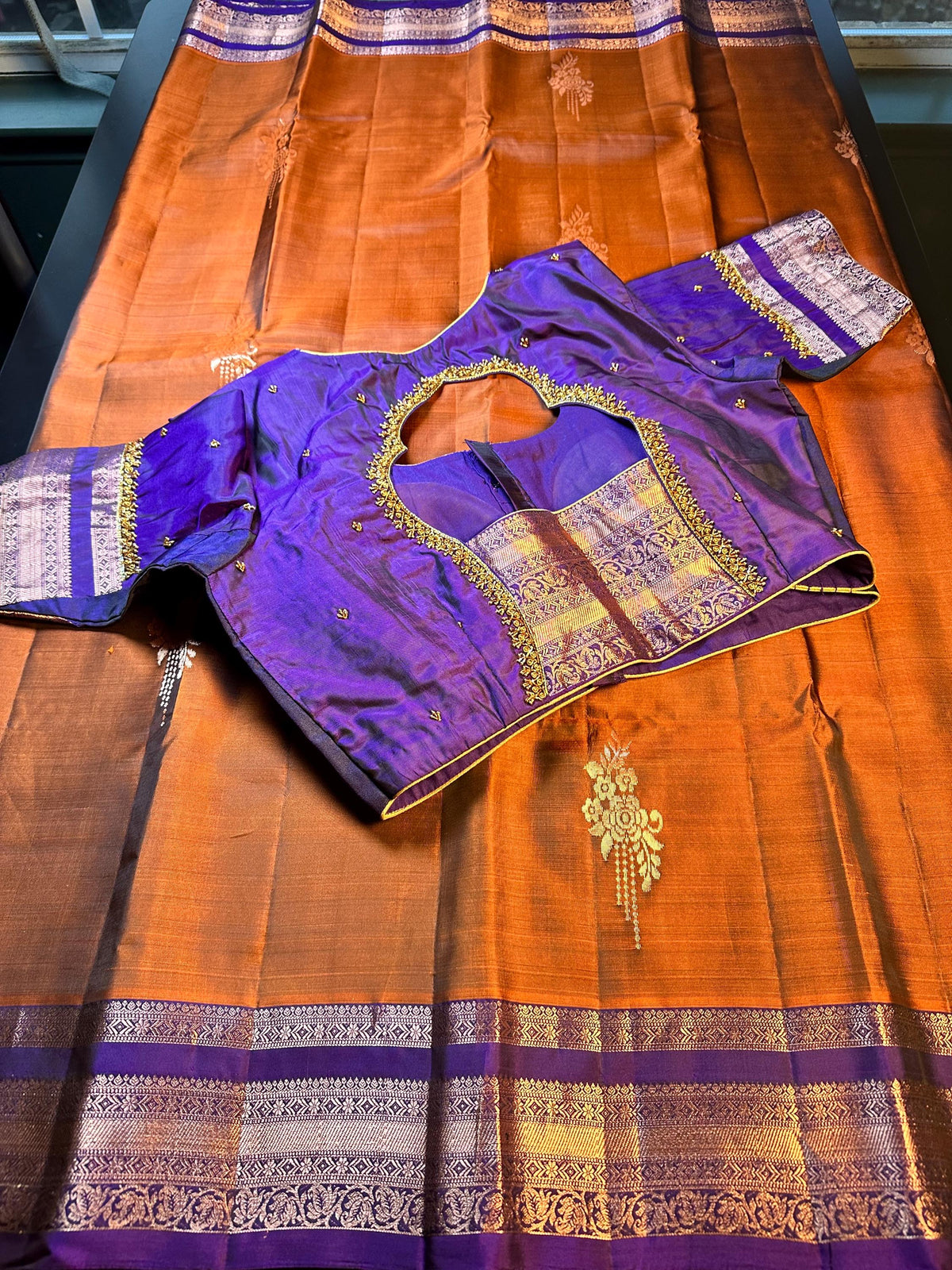 Burnt Orange Purple Handloom Kanjivaram Silk Saree, Handloom  Saree with Stitched Blouse, Ready to Wear Indian Wedding Saree