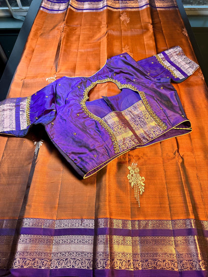 Burnt Orange Purple Handloom Kanjivaram Silk Saree, Handloom  Saree with Stitched Blouse, Ready to Wear Indian Wedding Saree