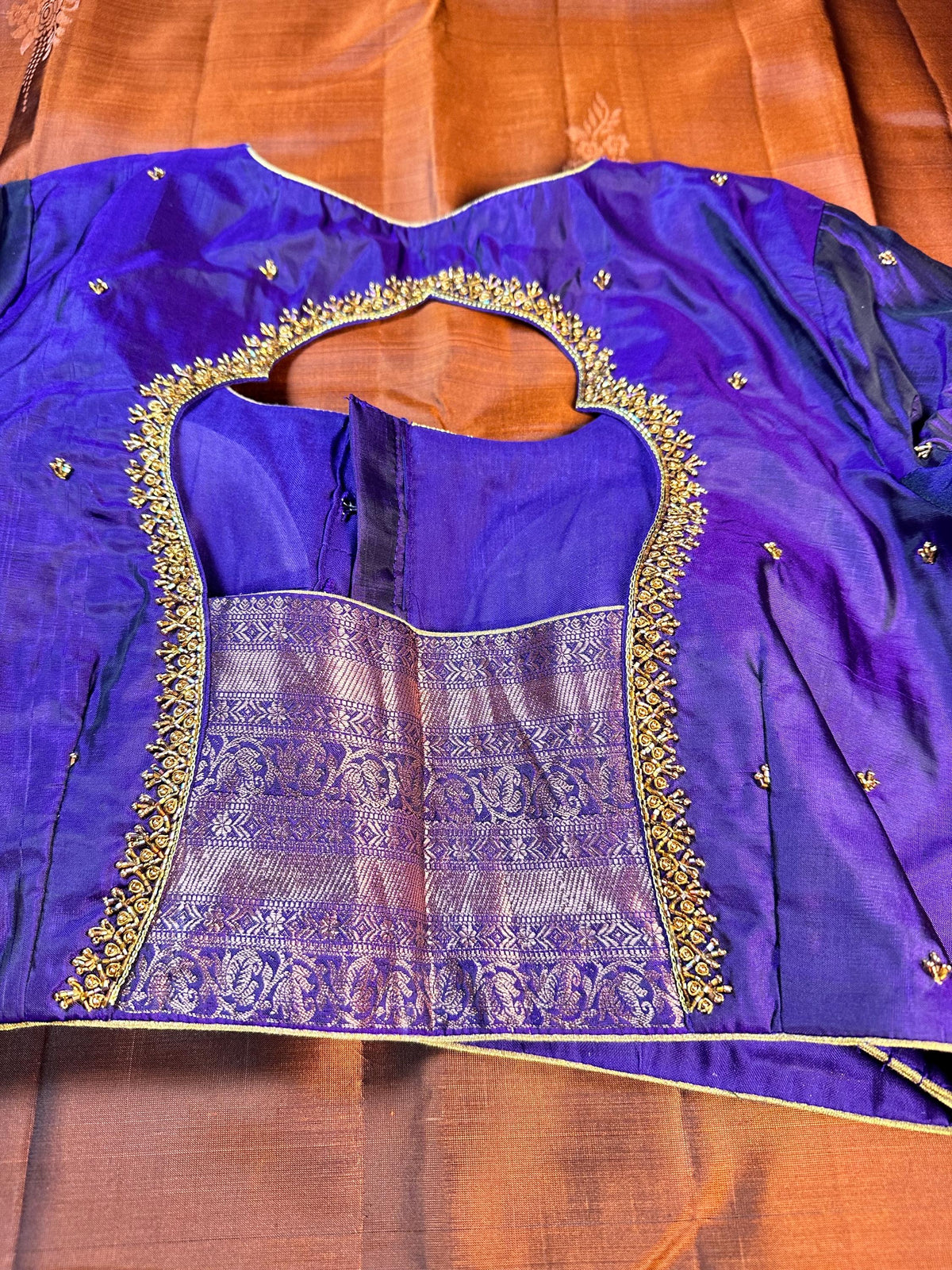 Burnt Orange Purple Handloom Kanjivaram Silk Saree, Handloom  Saree with Stitched Blouse, Ready to Wear Indian Wedding Saree