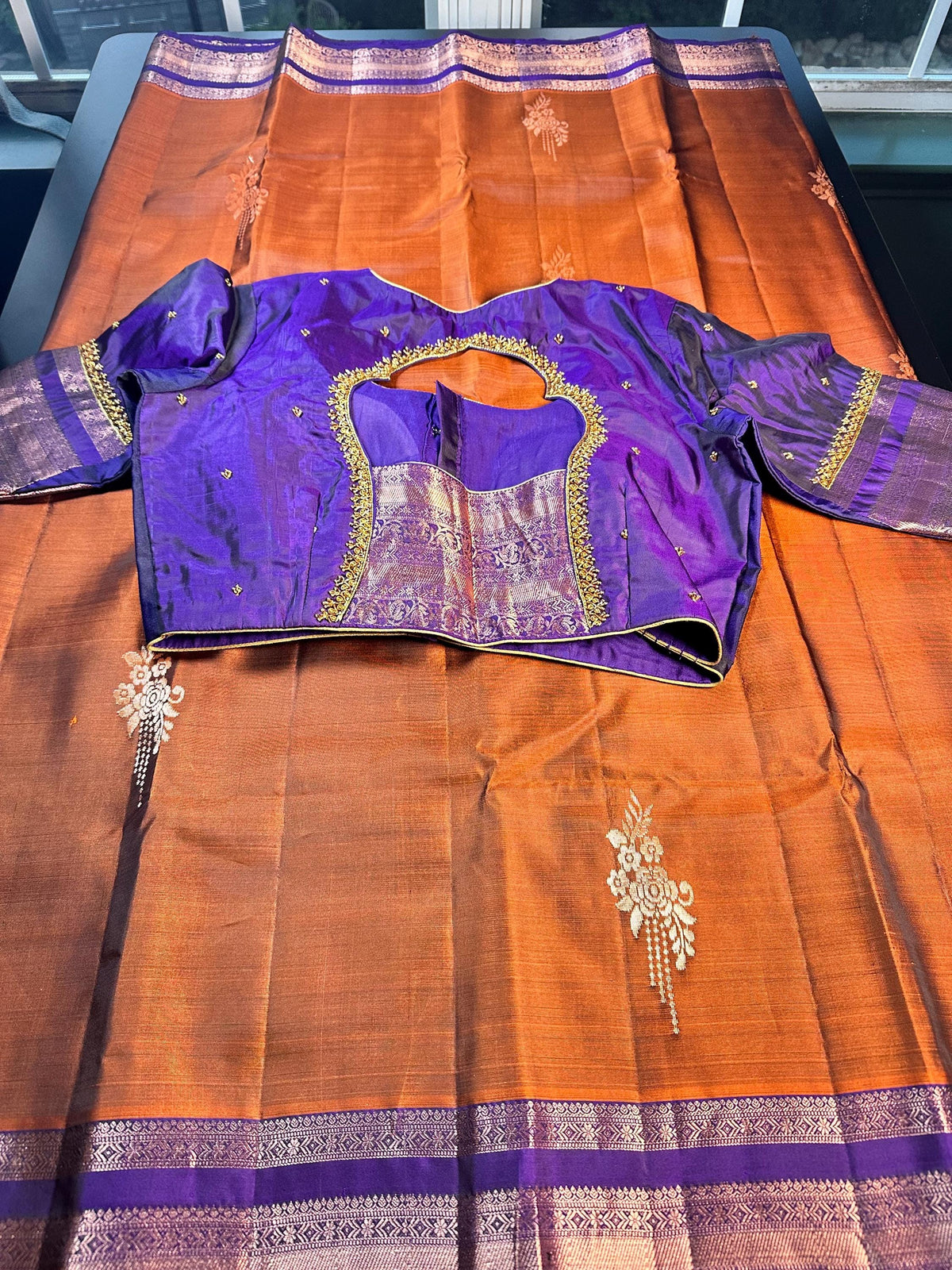 Burnt Orange Purple Handloom Kanjivaram Silk Saree, Handloom  Saree with Stitched Blouse, Ready to Wear Indian Wedding Saree