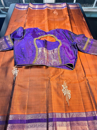 Burnt Orange Purple Handloom Kanjivaram Silk Saree, Handloom  Saree with Stitched Blouse, Ready to Wear Indian Wedding Saree