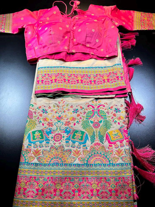 Pashmina Silk Darbari Saree with Stitched Blouse, Ready to Wear, Shipping from US