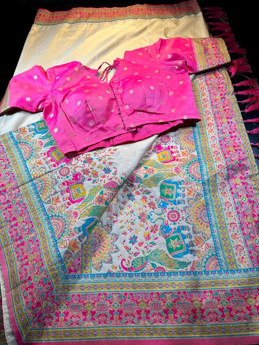Pashmina Silk Darbari Saree with Stitched Blouse, Ready to Wear, Shipping from US