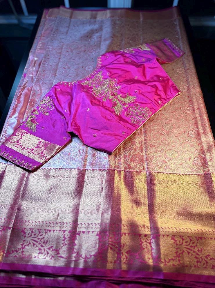 Kanjivaram Tissue Semi Silk Saree with Stitched Maggam Work Blouse |  Semi Kanchi pattu Indian Wedding Saree | Ships From USA