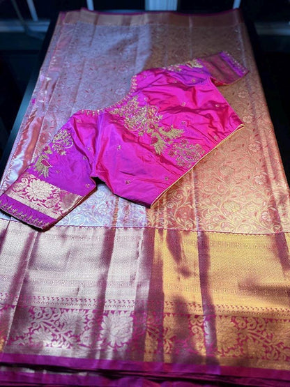 Kanjivaram Tissue Semi Silk Saree with Stitched Maggam Work Blouse |  Semi Kanchi pattu Indian Wedding Saree | Ships From USA
